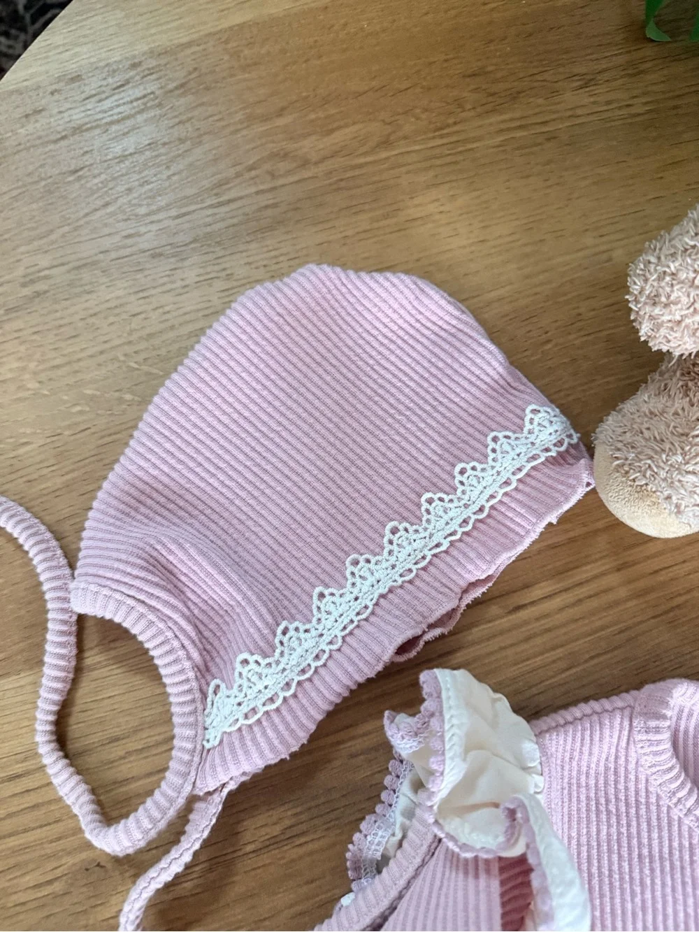 Pink Ribbed Ruffle Baby One-Piece with Cream Skirt & Bonnet